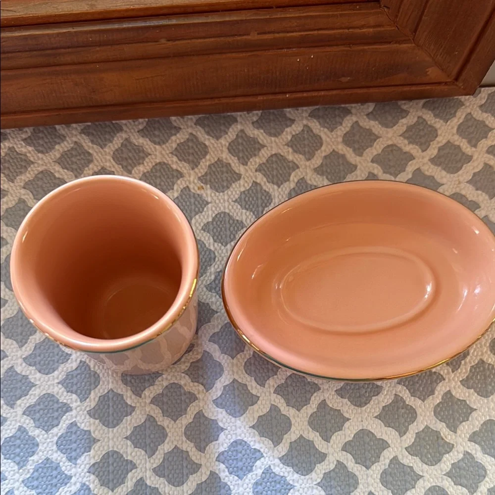 Elegant Peach Ceramic Cup and Soap Set with Gold Trim